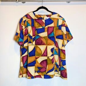 Maggie Sweet Vintage Multicolor Abstract Geometric Short Sleeve Blouse Size 1X